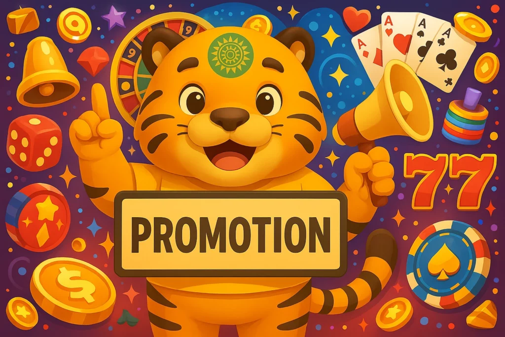 সোনাবেটের বিশেষ প্রমোশন প্রচার করতে বাঘটি "PROMOTION" বোর্ড ধরে আছে, আশেপাশে রয়েছে চিপস, তাস, রুলেট ও গোল্ড কয়েন। এটি চলমান বোনাস ও অফারের মনোযোগ আকর্ষণ করে।