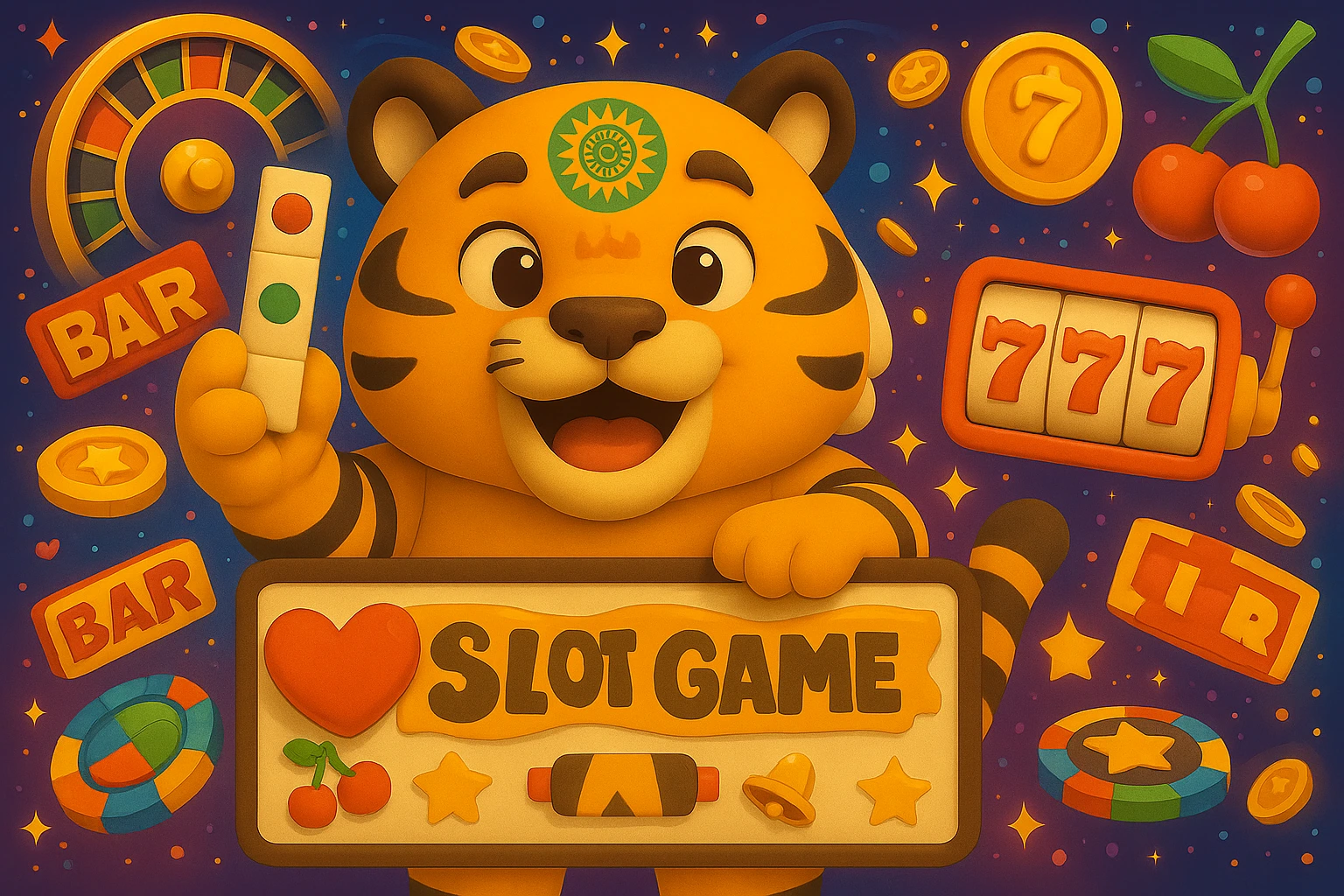 এই ছবিতে একটি হাসিখুশি বাঘ "SLOT GAME" বোর্ড ধরে আছে এবং আশেপাশে রয়েছে স্লট মেশিন, বার চিহ্ন, চেরি, ৭৭৭ ও কয়েন। সোনাবেটে স্লট গেম খেলার রোমাঞ্চকর অভিজ্ঞতা ফুটে উঠেছে।