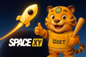 Sonabet-এর টাইগার মাসকটটি একটি অন্ধকার গ্রহের উপর দাঁড়িয়ে আছে, এক হাতে ব্যাট, অন্য হাতে থাম্বস আপ দিচ্ছে। তার পাশে সোনালী রঙের রকেট SPACE XY লোগো সহ মহাশূন্যে ছুটে যাচ্ছে। ব্যাকগ্রাউন্ডে তারাভরা রাতের আকাশ, আধা-৩ডি স্টাইলের এই চিত্রটি রোমাঞ্চকর গেম অভিজ্ঞতার প্রতীক।