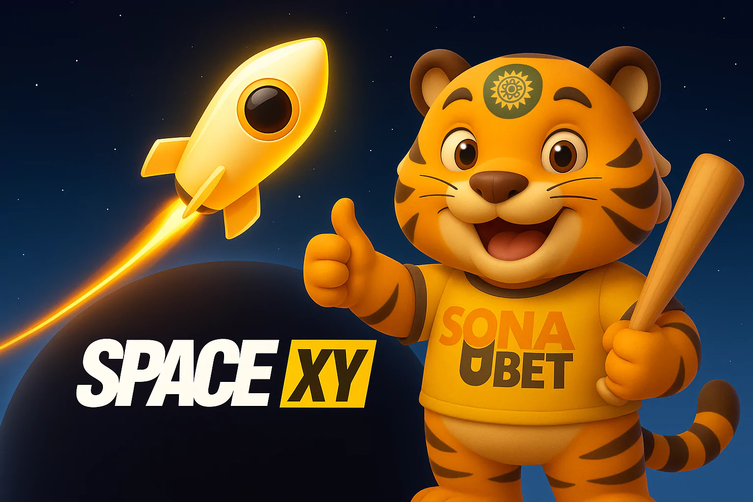 Sonabet-এর টাইগার মাসকটটি একটি অন্ধকার গ্রহের উপর দাঁড়িয়ে আছে, এক হাতে ব্যাট, অন্য হাতে থাম্বস আপ দিচ্ছে। তার পাশে সোনালী রঙের রকেট SPACE XY লোগো সহ মহাশূন্যে ছুটে যাচ্ছে। ব্যাকগ্রাউন্ডে তারাভরা রাতের আকাশ, আধা-৩ডি স্টাইলের এই চিত্রটি রোমাঞ্চকর গেম অভিজ্ঞতার প্রতীক।